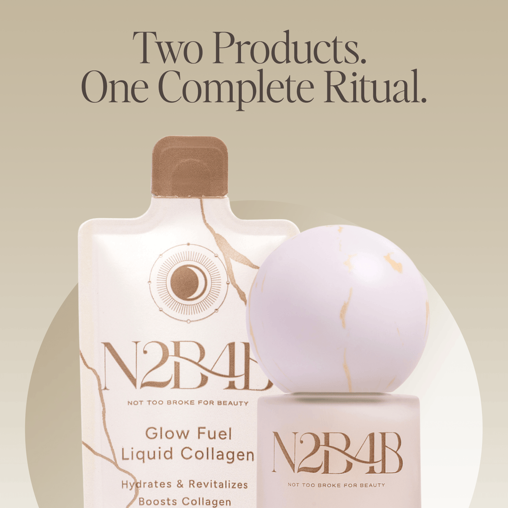 N2B4B Glow Fuel Liquid Collagen bottle and bath bomb on a beige background with text 'Two Products. One Complete Ritual.'