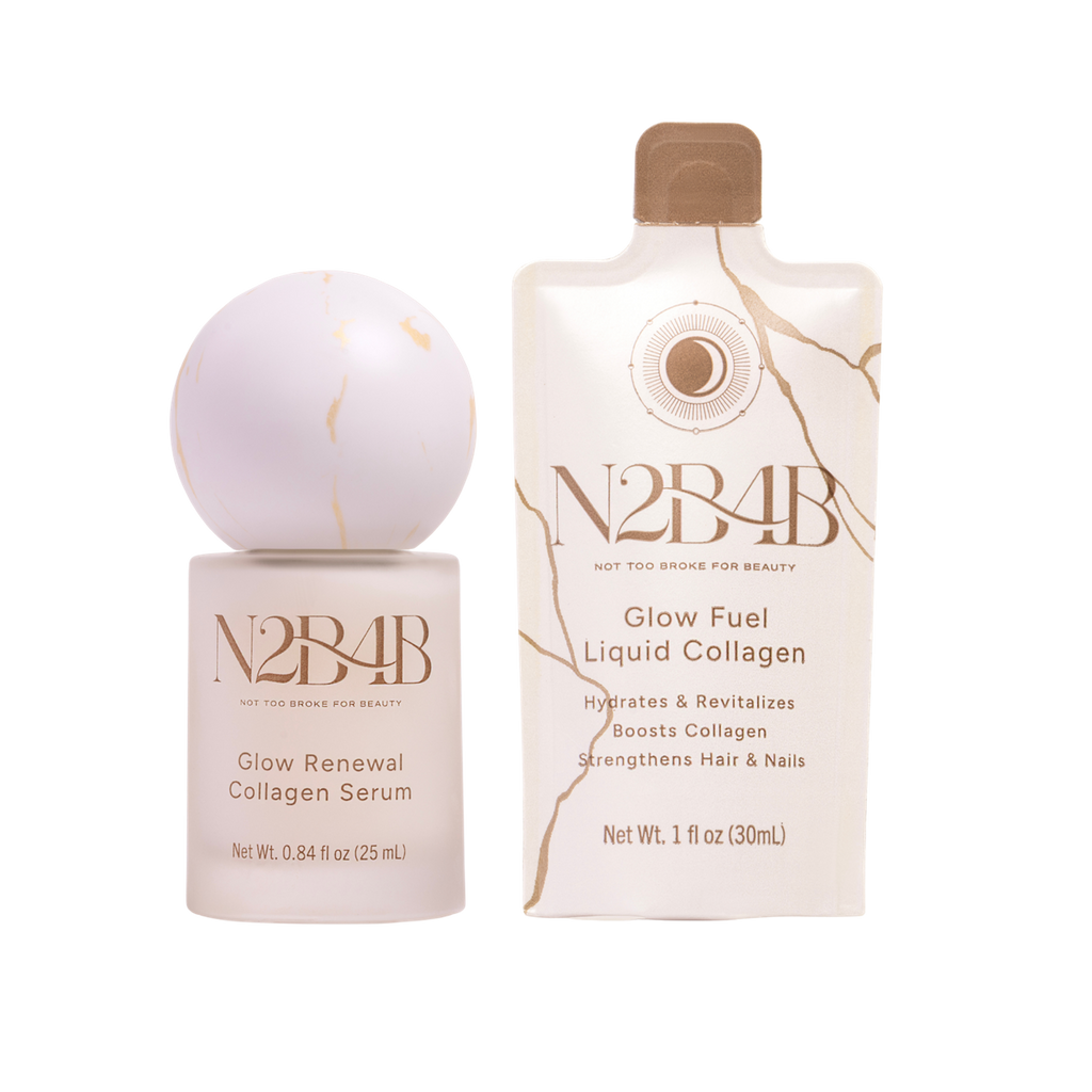 N2B4B skincare products including a serum and liquid collagen on a white background