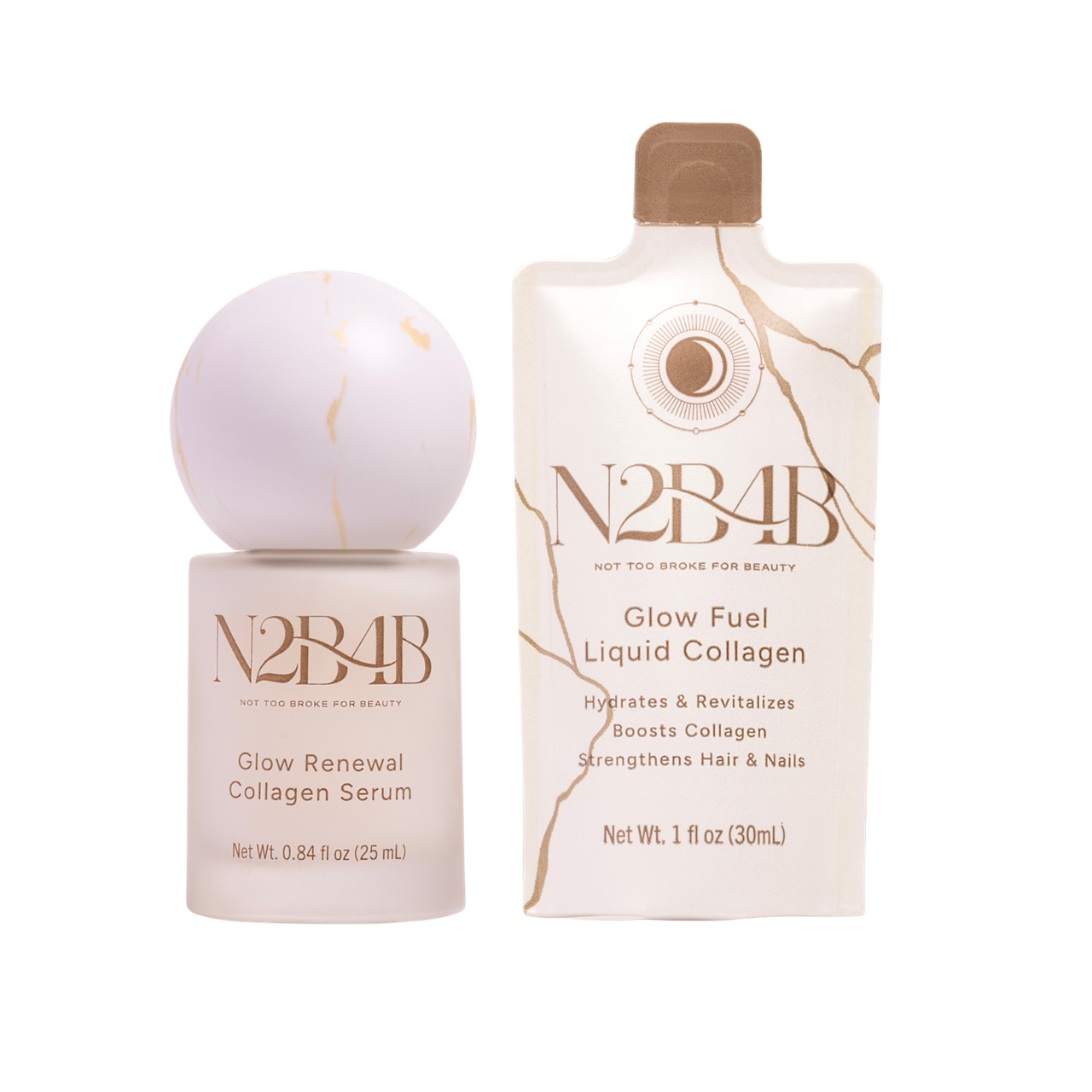N2B4B skincare products including a serum and liquid collagen on a white background